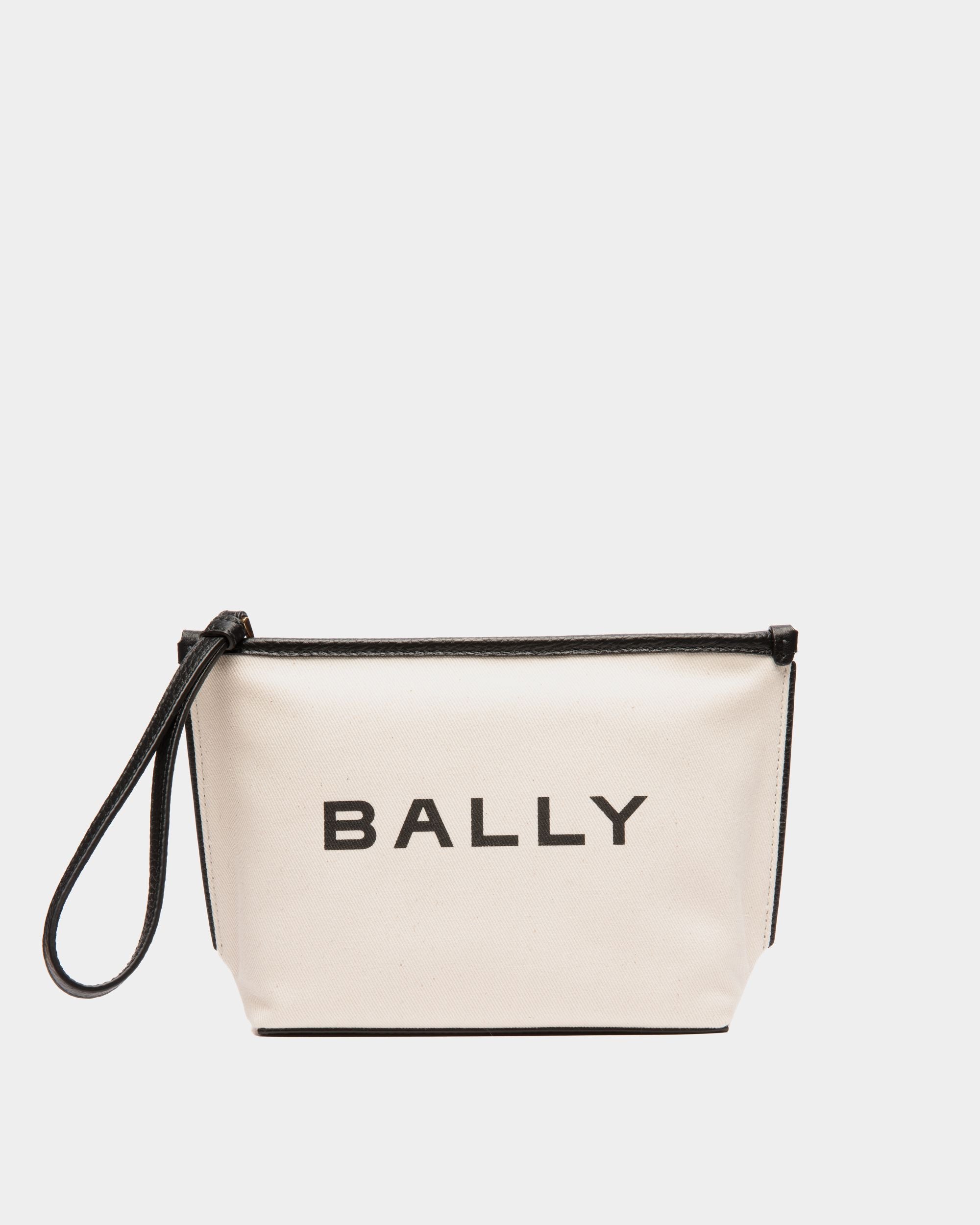 Bar Zipped Pouch in White Canvas And Black Leather - Damen - Bally - 01